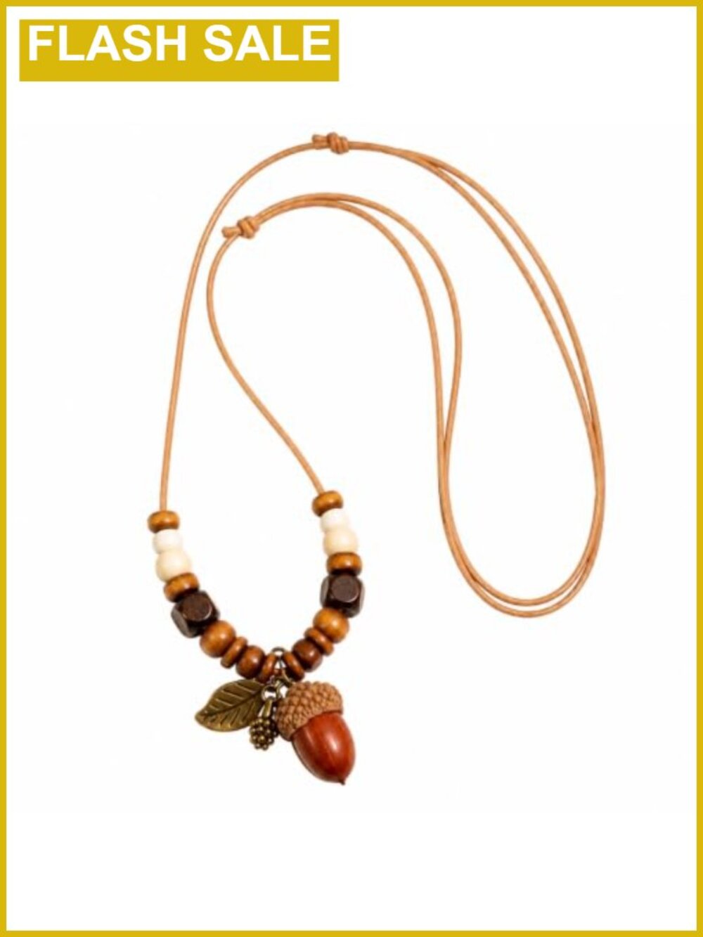 Acorn Leaf Pendant Necklace Wooden Beads Copper Y Necklace